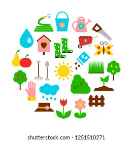 Concept with garden icons in the circle. Vector illustration in flat style