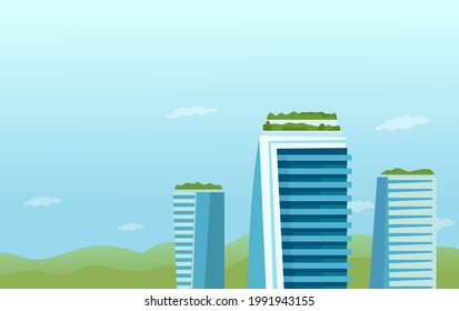 The concept of a garden, a park on the roof of skyscrapers. Green eco-recreation area at the top of the building.