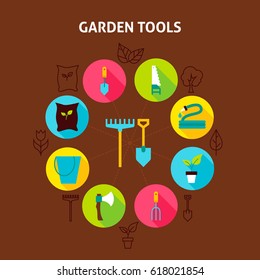 Concept Garden Tools. Vector Illustration of Spring Nature Infographics Circle with Flat Icons.