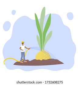 The concept of gardening and agriculture. Farmer cares for plant moisturizes the soil.  Onion with green sprouts. Organic food cultivation. Stock vector flat illustration isolated on white background.