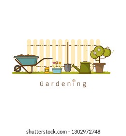 Concept of gardening or agriculture . Garden tools. Banner with summer garden landscape cute cartoon flat style Vector illustration