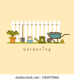 Concept of gardening or agriculture . Garden tools. Banner with summer garden landscape cute cartoon flat style Vector illustration