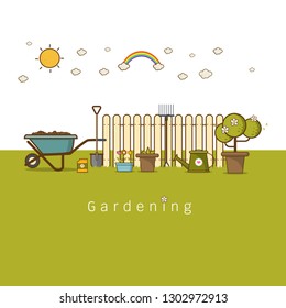 Concept of gardening or agriculture . Garden tools. Banner with summer garden landscape cute cartoon flat style Vector illustration