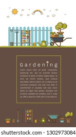 Concept of gardening or agriculture . Garden tools. Banner or Poster with summer garden vertical landscape cute cartoon flat style Vector illustration