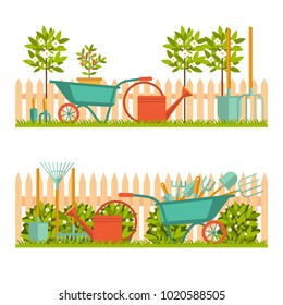 Concept of gardening. Garden tools. Banner with summer garden landscape. Flat style, vector illustration.