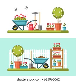 Concept of gardening. Garden tools. Banner with summer garden landscape. Vector illustration.