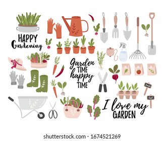 Concept of gardening. Garden tools. Colorful vector illustration