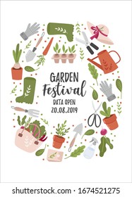 Concept of gardening. Garden tools. Colorful vector illustration