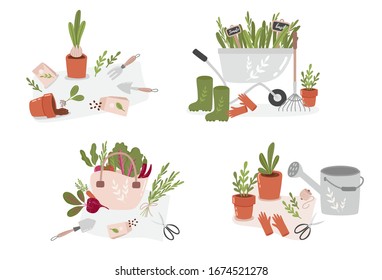 Concept of gardening. Garden tools. Colorful vector illustration