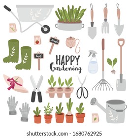 Concept Of Gardening. Garden Tools. Colorful Vector Illustration