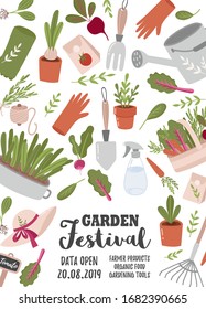 Concept of gardening. Garden tools. Colorful vector illustration
