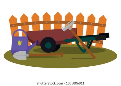 Concepto de jardinería. Herramientas de jardín. Diferentes equipos de jardinería y herramientas contra la valla de madera. Flecha de ruedas, bote de riego, pala. Agricultura orgánica. Flecha de ruedas con herramientas para trabajar en el jardín. 