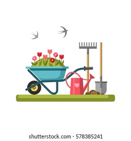 Concept of gardening. Garden tools. Vector illustration.