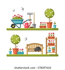 Concept of gardening. Garden tools. Vector illustration.