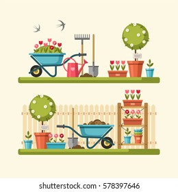 Concept of gardening. Garden tools. Vector illustration.