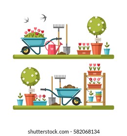 Concepto de jardinería. Herramientas de jardín. Ilustración vectorial.