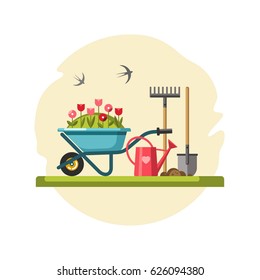 Concept of gardening. Garden tools. Vector illustration.