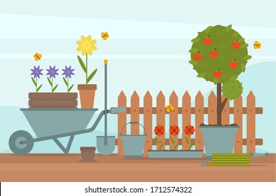 Concept of gardening. Spring planting. Garden tools. Banner with summer garden landscape. vector illustration. Green garden grass, fence, apple tree and wheelbarrow with flowers. Farm equipment.