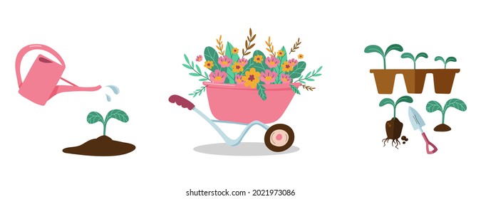 The concept of gardening tools and gardening equipment. Vector illustration of items for gardening.