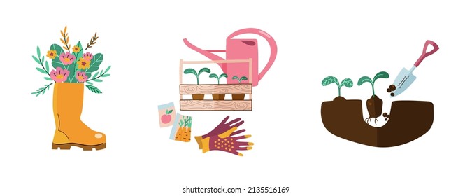 The concept of gardening tools and gardening equipment. Vector illustration of items for gardening.