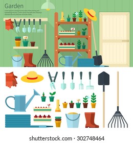 Concept of gardening. Tools for working in garden and plants on shelf and wall hanging on green background and isolated. For website, mobile applications, banners, brochures, book covers, layouts