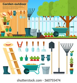 Concept of gardening. Tools for working in garden on white background. Banner with summer garden landscape in cartoon style. For website, mobile applications, banners, brochures, book covers, layouts