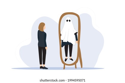 concept of gaslighting psychological manipulation, low self esteem, anxiety, fear, worry. Person with mental health problem with emotional stages. full length woman standing looking in mirror