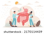 Concept of gastroenterology. Man and girl check stomach and intestines, doctors conduct scientific study. Specialists make diagnosis and choose treatment methods. Cartoon flat vector illustration