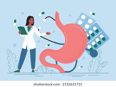 Concept Of Gastroenterology. Young Girl In Medical Gown Next To Stomach, Pills And Medicines To Improve Digestion. Health Care And Research, Diagnosis And Treatment. Cartoon Flat Vector Illustration