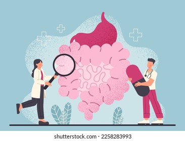 Concept of gastroenterology. Young guy with pill and woman with magnifying glass evaluate digestion and analyze intestines. Doctors and scientists doing research. Cartoon flat vector illustration