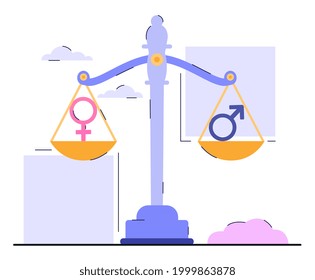 Concepto de igualdad de género. Escalas con dos tazones con símbolos masculinos y femeninos. Los principios masculinos y femeninos se equilibran entre sí. Dibujo vectorial de dibujos animados planos modernos para banners