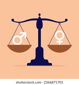 Konzept der Geschlechtergleichstellung. Skalen mit zwei Schalen mit männlichen und weiblichen Symbolen zeigen eine Gleichheit und perfekte Balance zwischen den Geschlechtern. Vektorgrafik
