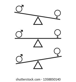 The concept of gender equality. Vector image. Icons of male and female symbols on the scales. Pink, blue and black colors. Minimalism.