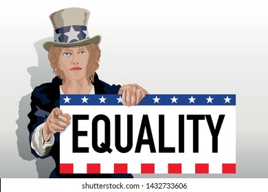 Concept of gender equality with a woman in the outfit of Uncle Sam, who holds a sign on which is written the word equality.