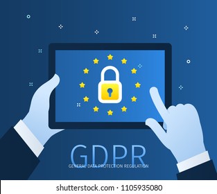 Concept of General Data Protection Regulation in European Union. EU GDPR. Hands holding a tablet with lock icon and european flag. Flat design, vector illustration