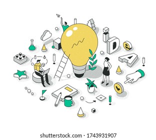 Concept Of Generating A Great Idea. The Big Light Bulb As Idea Symbol. Innovations & Creativity Process. Brainstorming Fresh Ideas For A New Project. Business Startup Isometric Illustrations