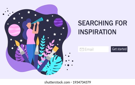 The concept of generating ideas and inspiration. Creative or educational process banner, advertisement, landing page or poster for web design studio. Vector illustration
