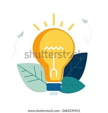 Concept of generating innovative ideas, creative thinking, creativity and imagination. Business idea concept, solution. Idea bulb in colored flat design style on white background. Vector illustration