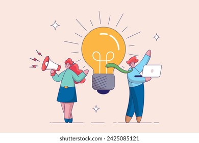 Concept of generation of innovative ideas, creative thought, creativity and imagination. Business idea concept. Characters standing near big light bulb. Isolated modern vector illustration.