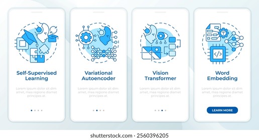 Concept of generative AI blue onboarding mobile app screen. Walkthrough 4 steps editable graphic instructions with linear concepts. UI, UX, GUI template