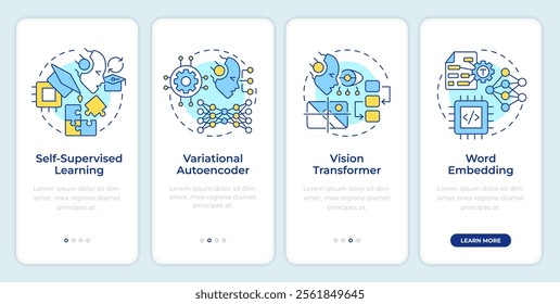 Concept of generative AI onboarding mobile app screen. Walkthrough 4 steps editable graphic instructions with linear concepts. UI, UX, GUI template