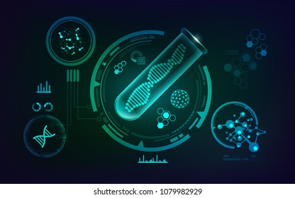 Concept Of Genetic Engineering, Vector Of Realistic Test Tube And Shape Of Dna Inside With Science Technology Analysis Interface