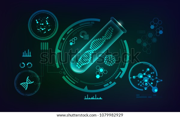concept of genetic engineering, vector of\
realistic test tube and shape of dna inside with science technology\
analysis interface