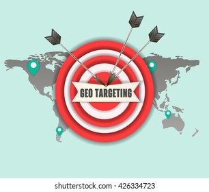 The concept of geo targeting. Flat targeting vector illustration. Location, hit the target . Map and place for information
