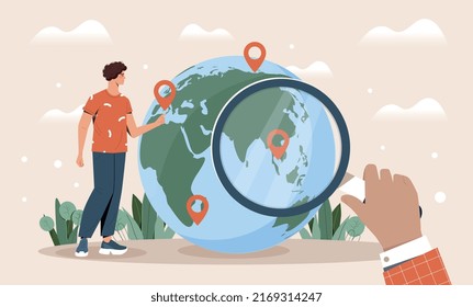 Concepto de geolocalización. Un hombre con lupa evalúa puntos y marcadores en el mundo. Metáfora del comercio internacional y la globalización. Mapa para programas móviles. Dibujo vectorial plano de dibujos animados