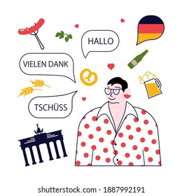 Concept of germany language course or school. Male student with Hello, thanks and bye in Germany and landmarks logos around. Vector Illustration