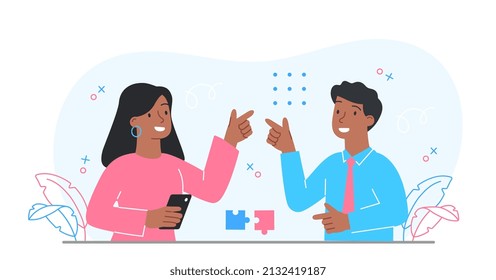 Concept of gestures. Man and girl smile and point fingers at each other. Happy team celebrating success, successful employees, colleagues, good relationship. Cartoon flat vector illustration