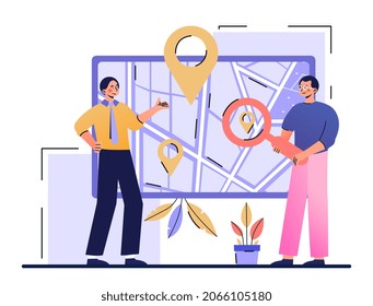 Concept of get directions. People stand next to screen, choosing point on map. Delivery address, company office. Graphic elements for websites, route development. Cartoon flat vector illustration