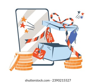 Konzept für Bonus und Geschenke für Online-Einkäufe, Belohnung Kunden oder Mitarbeiter für Loyalität oder Leistung, flache Vektorgrafik einzeln auf weißem Hintergrund.