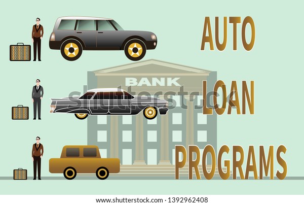 Concept of getting a car loan and buying a\
car. Car loan approved and received. Three young men are standing\
next to cars. Money received is in briefcases. Vector illustration\
on a bank background.